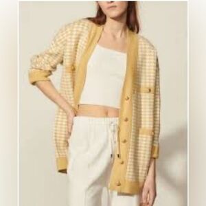 Joie Mustard Yellow Gingham Checkered V-Neck Soft Cardigan Lion Buttons Medium